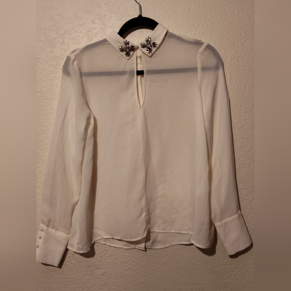 Zara white blouse with collar, embellishment with gems, XS Size, keyhole front